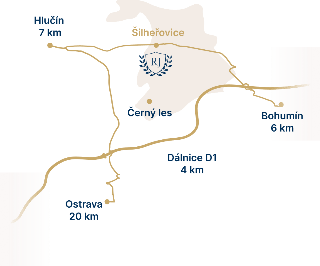 Mapa okolí Rezidence Juliánka v Šilheřovicích — Hlučín 7 km, Bohumín 6 km, dálnice D1 4 km, Ostrava 20 km